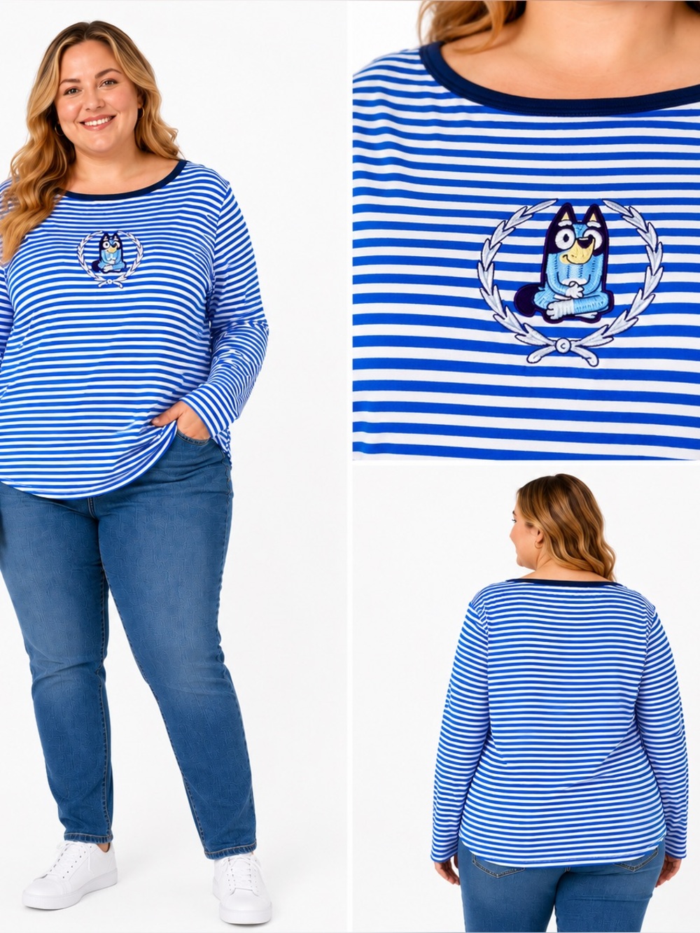 Bluey Striped Long Sleeve Graphic Tee Blue & White Women’s Plus Size 3X Casual
